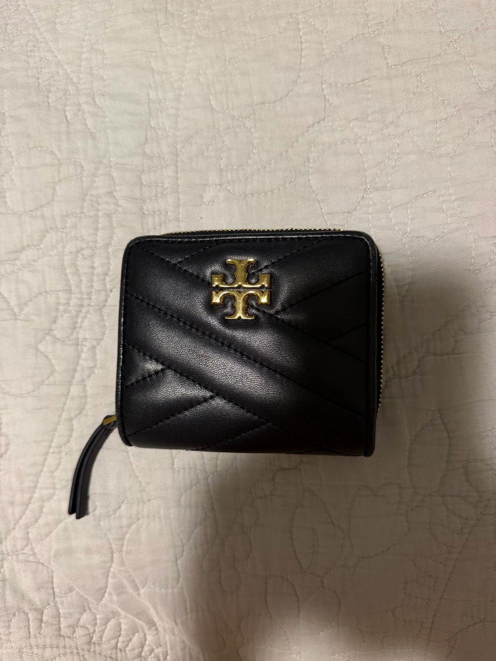 Tory Burch Black Quilted Leather Zip Card Case with Gold Logo